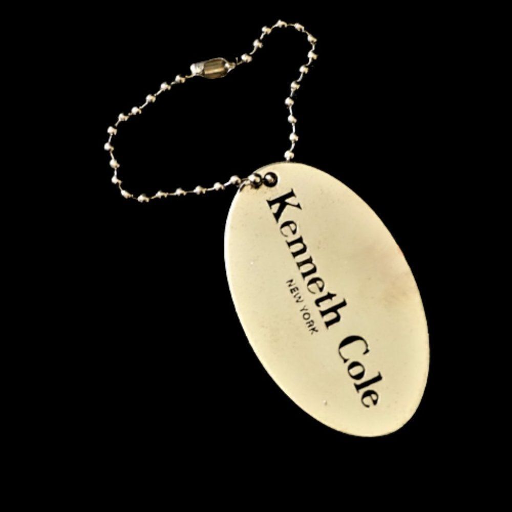 Kenneth Cole New York Bag Charm Hang Tag Oval Silver Metal Key Fob Keychain